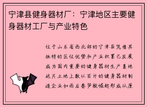 宁津县健身器材厂：宁津地区主要健身器材工厂与产业特色