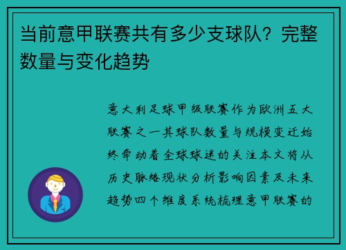 当前意甲联赛共有多少支球队？完整数量与变化趋势